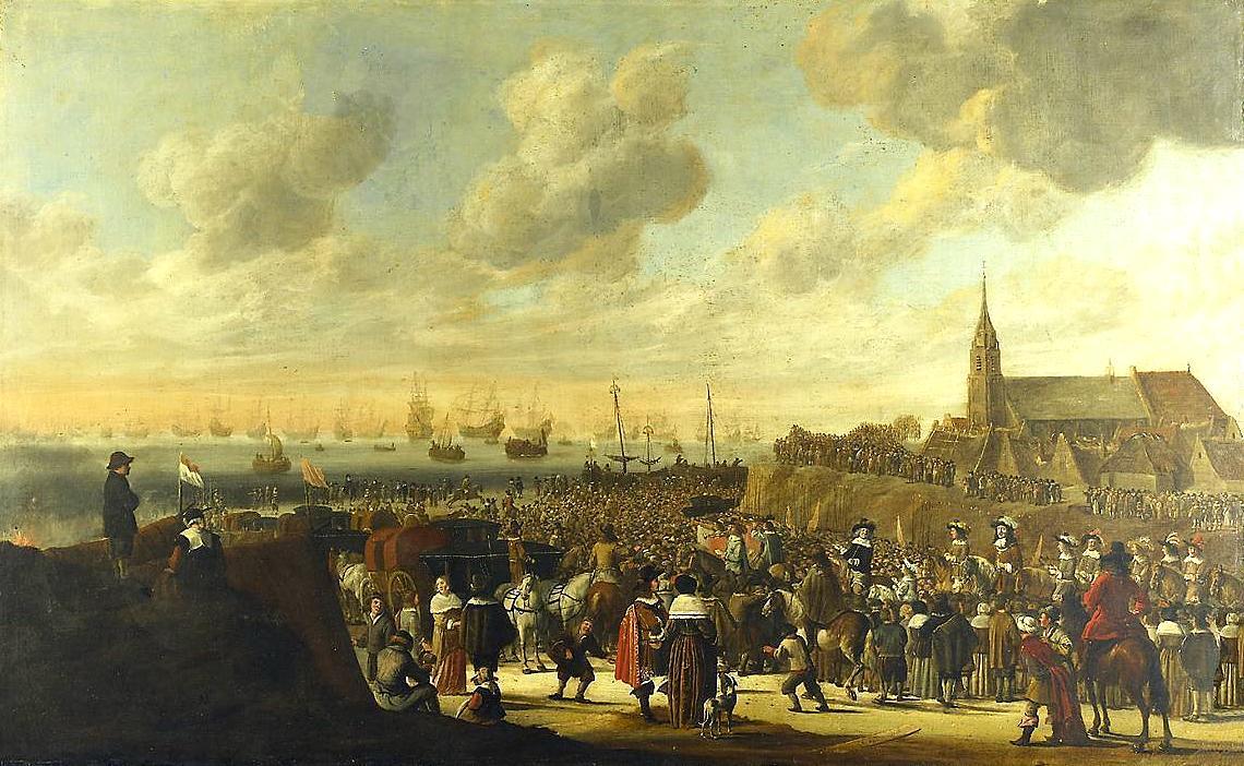 Cornelis Beelt: Vertrek Charles II van strand Scheveningen