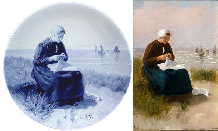 Delftsblauw wandbord met handwerkende Scheveningse vissersvrouw