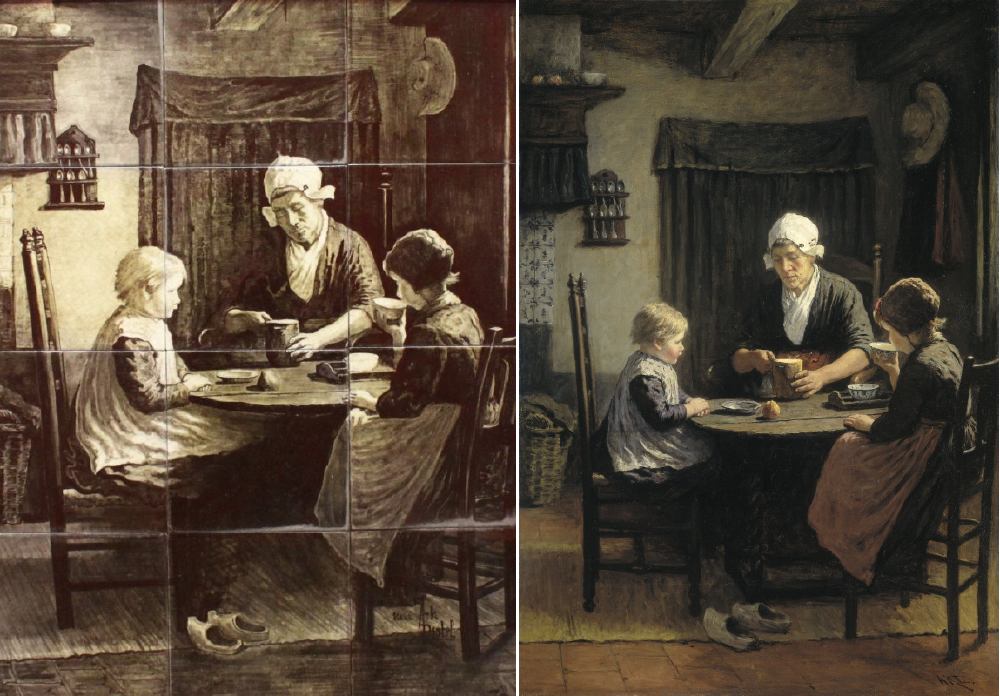  Een 12-pas tegeltableau met handgeschilderde sepia afbeelding