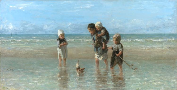 Schilderij van Jozef Israels met spelende kinderen in de branding