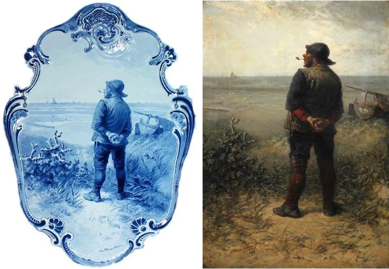 Grote wandplaat met een afbeelding van een rokende visser