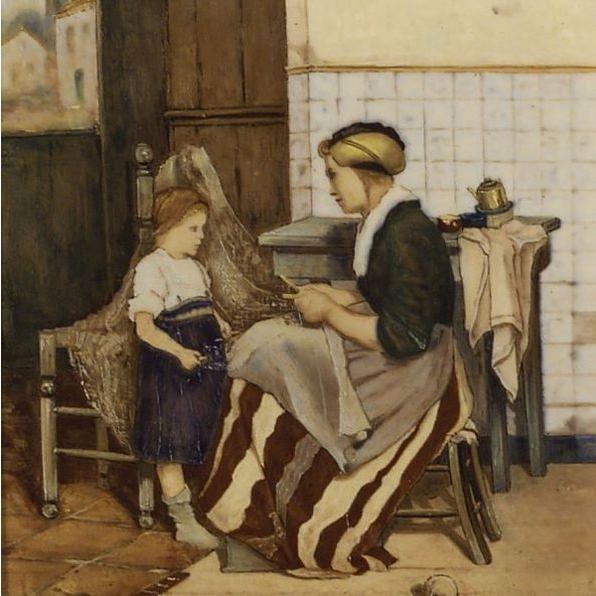 Interieur van een vissershuisje met een moeder en kind
