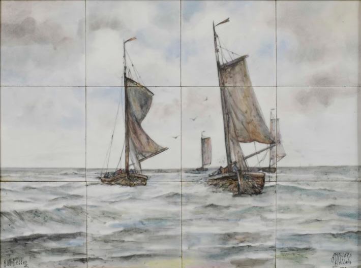 Tegeltableau met de voorstelling van een zeegezicht met vissersschepen
