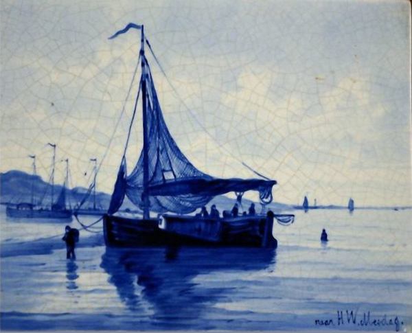 Grote Delftsblauwe tegel met zeegezicht
