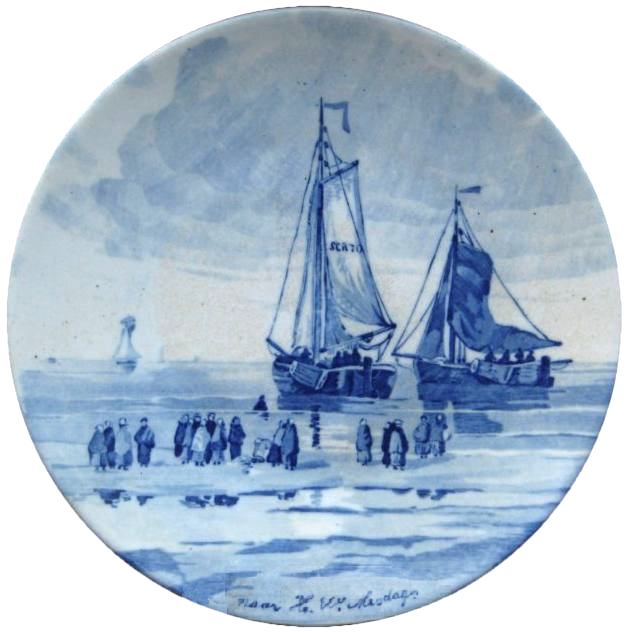 Wandbord van bomschuiten op het Scheveningse strand