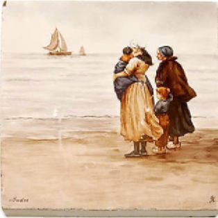 Tegel met de afbeelding van vissersvrouwen met kinderen op het strand